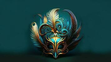 3D Render of Attractive Feather Mask On Teal Green Background. Carnival Concept. photo