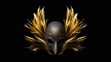 3D Render of Venetian Mask With Golden Feathers On Black Background. Carnival Concept. photo