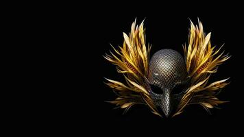 3D Render of Venetian Mask With Golden Feathers On Black Background. Carnival Concept. photo