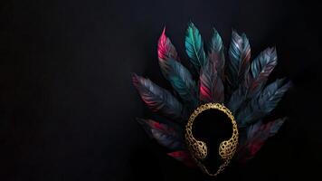 3D Render of Golden Venetian Face Mask With Gradient Feathers On Black Background And Copy Space. photo