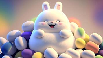 Cheerful Furry Chubby Bunny Character Surrounded By Soft Color Eggs Against Background. 3D Render, Happy Easter Day Concept. photo