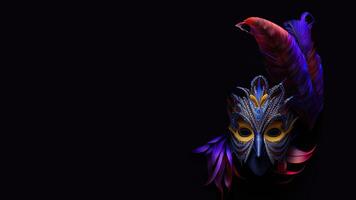 Venetian Full Face Mask With Beautiful Feathers On Black Background And Copy Space. 3D Render. photo