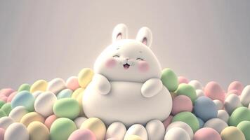 3D Render of Cute Chubby Bunny Character Surrounded By Pastel Color Eggs Against Background. Happy Easter Day Concept. photo