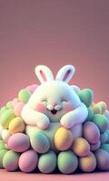 3D Render of Laughing Chubby Bunny Character Surrounded By Gradient Eggs And Copy Space. Happy Easter Day Concept. photo