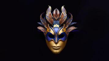 Golden And Blue Venetian Face Mask With Feathers Against Background. 3D Render. photo