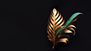 3D Render of Golden And Teal Feathers On Black Background And Copy Space. photo