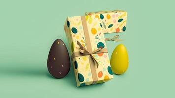 3D Render of Brown And Yellow Easter Eggs With Floral Gift Boxes on Pastel Green Background And Copy Space. Easter Celebration Concept. photo