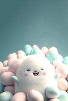 3D Render of Cute Furry Cartoon Character Surrounded By Pastel Color Eggs On Light Teal Background. photo