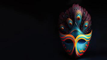 3D Render of Colorful Venetian Mask With Peacock Feathers Against Black Background And Copy Space. photo