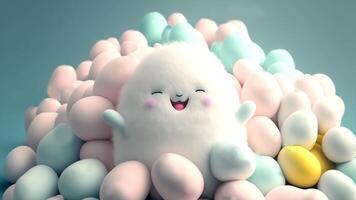 3D Render of Cute Furry Cartoon Character Surrounded By Pastel Color Eggs On Light Teal Background. photo