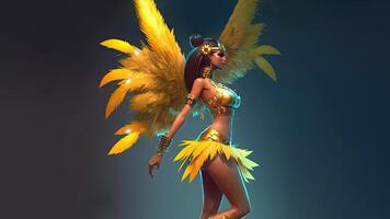 3D Render, Side View of Attractive Female Samba Dancer Character Wearing Traditional Attire In Standing Pose. photo