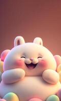 3D Render of Cute Chubby Bunny Character Laughing And Pastel Color Eggs On Burnt Red Background. Happy Easter Day Concept. photo