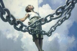 A Painting of Silently Boy Bound in Chain at Clouds Background. . photo