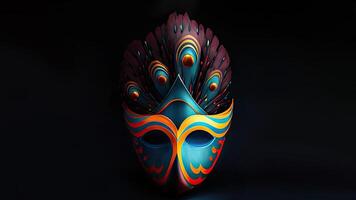 3D Render of Colorful Venetian Mask With Peacock Feathers Against Black Background And Copy Space. photo