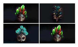 Collection of Multicolored Fantasy Mask With Feathers On Black Background. Carnival Concept. photo