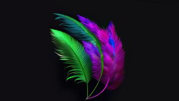 Multicolored Feathers On Black Background And Copy Space. photo