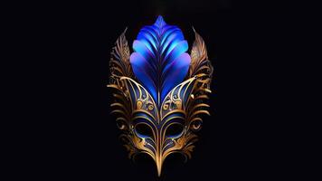 Golden And Blue Venetian Mask On Black Background And Copy Space. 3D Render. photo