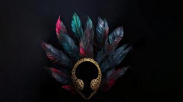 3D Render of Golden Venetian Face Mask With Gradient Feathers On Black Background And Copy Space. photo