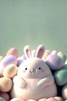 3D Render of Cute Chubby Bunny Character Surrounded By Pastel Color Furry Eggs Background. Happy Easter Day Concept. photo