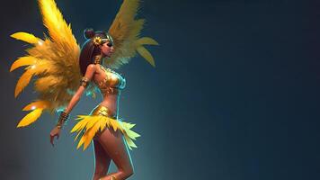 3D Render, Side View of Attractive Female Samba Dancer Character Wearing Traditional Attire In Standing Pose. photo