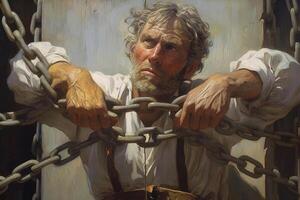 A Painting of Middle Age Screaming Man Trying to Free Chain. . photo