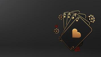 3D Render of Casino Elements As Ace Cards, Poker Chips, Red Dices And Copy Space On Black Background. photo