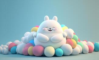 Clay Modelling of Cute Chubby Rabbit Character Surrounded By Pastel Color Eggs On Blue Background. 3D Render, Happy Easter Day Concept. photo