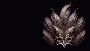 3d hacer de atractivo carnaval máscara con plumas en negro antecedentes. foto