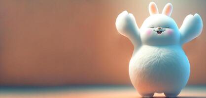 3D Render of Cute Fluffy Chubby Bunny Laughing And Raising Hands Up Against Background. photo