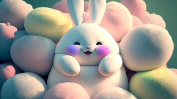 3D Render of Funny Chubby Bunny Character Surrounded By Pastel Color Furry Eggs Background. Happy Easter Day Concept. photo