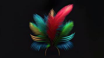 Bunch of Multicolored Feathers On Black Background And Copy Space. photo