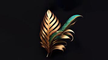 3D Render of Golden And Teal Feathers On Black Background And Copy Space. photo