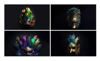 Collection of Multicolored Fantasy Feather Mask On Black Background. Carnival Concept. photo