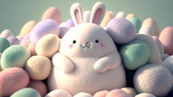 3D Render of Cute Chubby Bunny Character Surrounded By Pastel Color Furry Eggs Background. Happy Easter Day Concept. photo