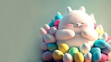 Smiley Cute Chubby Bunny Character Surrounded By Pastel Color Eggs And Copy Space. 3D Render, Happy Easter Day Concept. photo