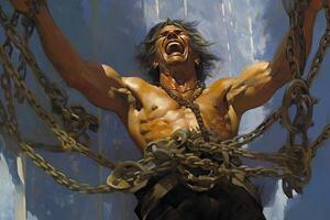 A Painting of Middle Age Screaming Man Trying to Free Chain. . photo