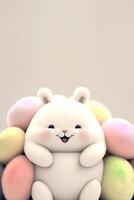 3D Render of Funny Chubby Bunny Character Surrounded By Pastel Color Furry Eggs On Beige Background. Happy Easter Day Concept. photo