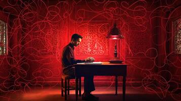 concentrado inteligente joven hombre estudiar papel a escritorio con ardiente rojo ligero a trampa habitación. generativo ai digital tecnología. foto