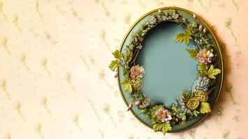 3D Render of Floral Oval Frame Against Grunge Leaves Peach Background And Copy Space. photo