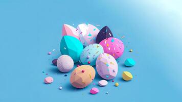 Colorful Paper Easter Eggs On Blue Background And Copy Space. Happy Easter Day Concept. photo