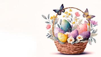 plano estilo linda mariposas personaje con Pascua de Resurrección huevos en cesta y Copiar espacio. Pascua de Resurrección día concepto. foto