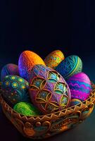 Colorful Paper Floral Easter Eggs Basket On Dark Teal Background And Copy Space. Happy Easter Vertical Template Or Standee Poster Design. photo