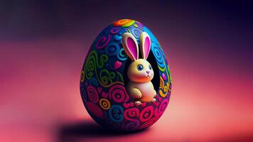 3d hacer de linda Conejo personaje dentro floral huevo en contra rojo y púrpura antecedentes y Copiar espacio. contento Pascua de Resurrección día concepto. foto