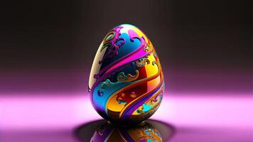 Colorful Paper Fluid Easter Egg On Shiny Pink Background And Copy Space. Happy Easter Day Concept. 3D Render. photo