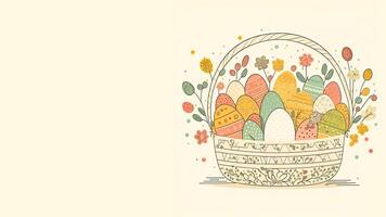 Doddle Style Easter Eggs Inside Floral Basket Against Pastel Yellow Background And Copy Space. Happy Easter Day Concept. photo
