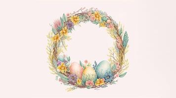 plano estilo vistoso huevos en floral circular marco con en contra pastel rosado antecedentes y Copiar espacio. contento Pascua de Resurrección día concepto. foto