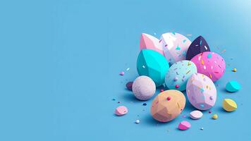 Colorful Paper Easter Eggs On Blue Background And Copy Space. Happy Easter Day Concept. photo