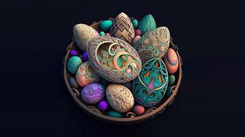 3D Render of Colorful Cloisonne Easter Eggs Bowl On Black Background And Copy Space. Happy Easter Concept. photo