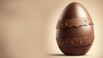 3D Render of Floral Chocolate Egg Against Golden Background And Copy Space. Happy Easter Concept. photo