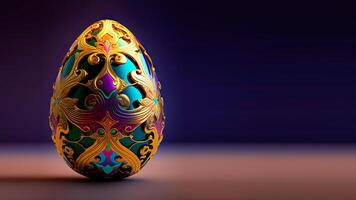 3D Render of Colorful Floral Egg On Brown And Purple Background. Easter Day Concept. photo